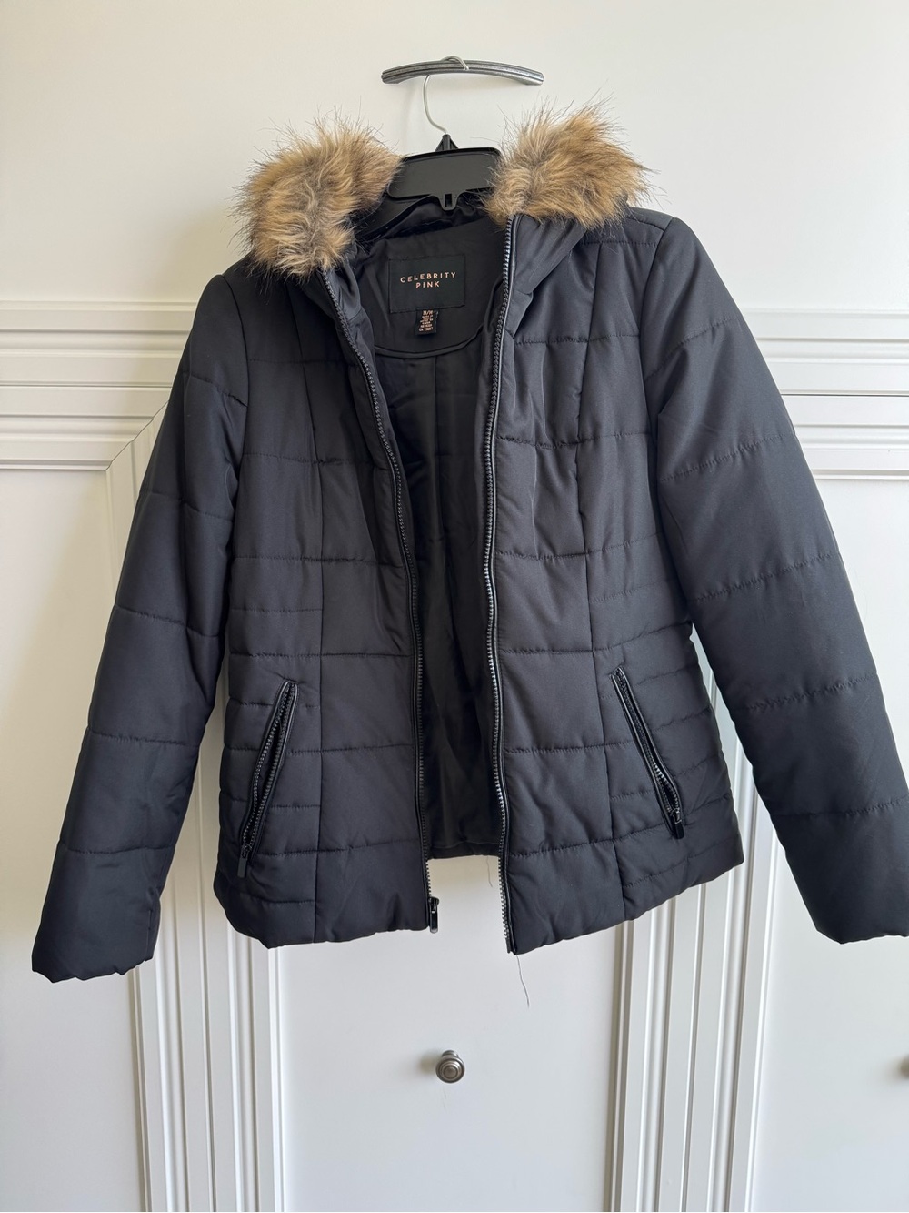 Celebrity Pink Black Quilted Jacket with Faux Fur Hood